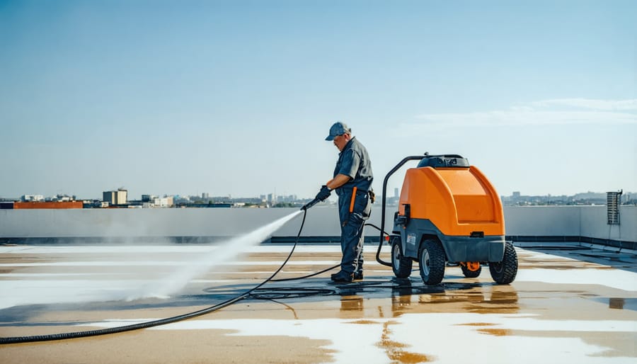 Safety-equipped worker operating an industrial pressure washer on commercial rooftop