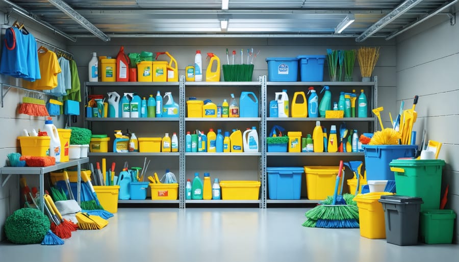 Professional storage system for commercial roof cleaning supplies with safety equipment and chemical storage