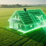 Conceptual representation of a sustainable home surrounded by hemp fields, illustrating the thermal and environmental benefits of hemp insulation with light rays and carbon molecules.