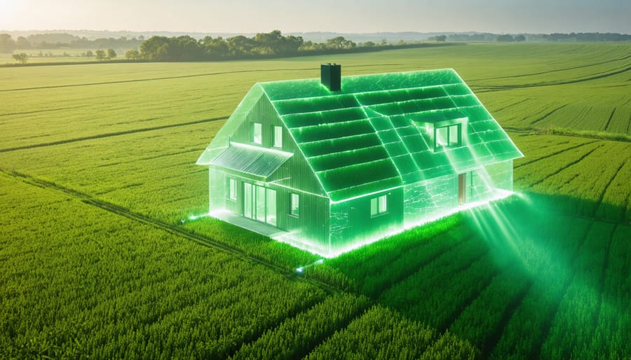 Conceptual representation of a sustainable home surrounded by hemp fields, illustrating the thermal and environmental benefits of hemp insulation with light rays and carbon molecules.