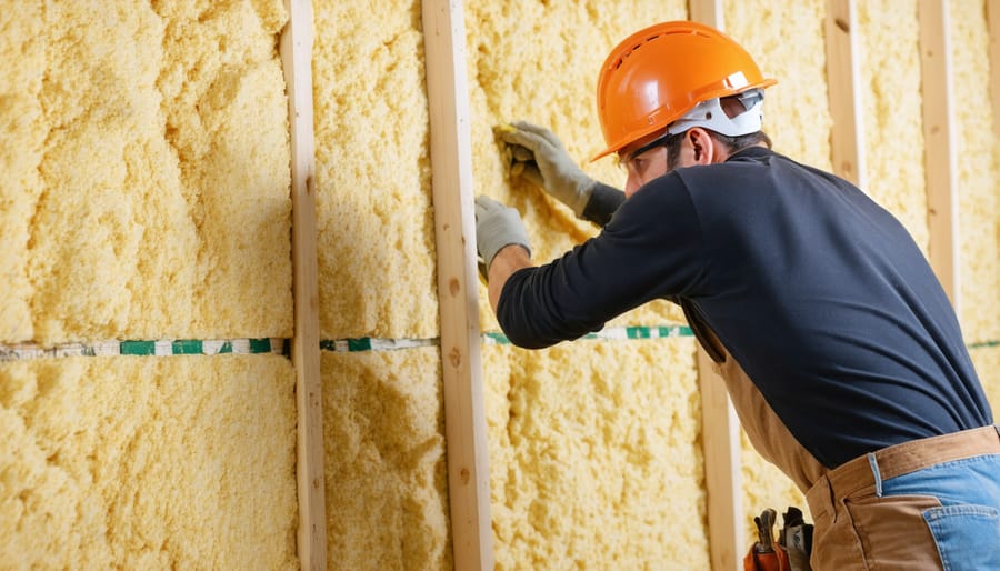 Construction worker installing hemp insulation between wall studs