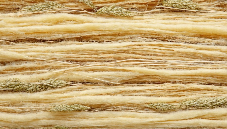 Detailed close-up view of hemp insulation's natural fiber composition