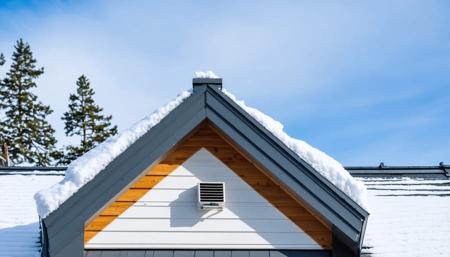 Winter exterior of a Canadian home roof with a continuous ridge vent and ice-free eaves under light snow, illustrating efficient attic ventilation and roof protection.