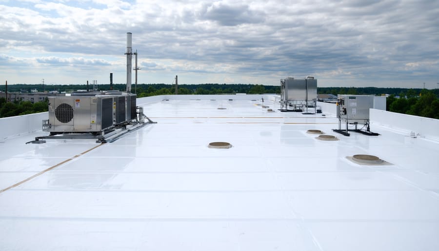 Reflective white membrane roof of a cannabis THCP processing facility with rigid insulation panels, exposed vapor-barrier seam tape, sealed penetrations, stainless HVAC units and ventilation stacks with scrubber housings, and metal parapets under bright overcast light; distant industrial park softly visible.