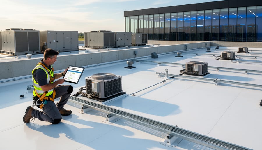 Commercial roofing contractor performing professional inspection on data center roof