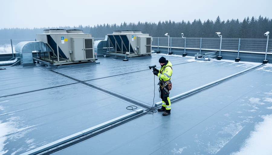 Roofing technician in safety harness inspects waterproof membrane seams on a data center rooftop with large HVAC chillers under overcast winter light, with fenced perimeter, security cameras, and conifer treeline in the background.