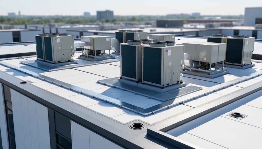Aerial view of commercial data center rooftop with HVAC equipment and telecommunications infrastructure
