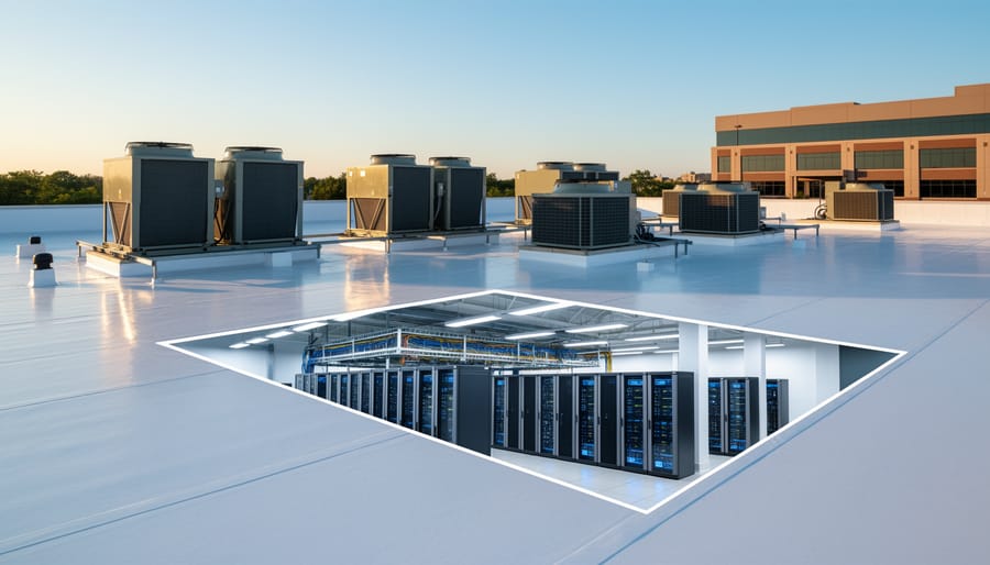 Close-up of TPO commercial roofing membrane installation showing heat-welded seams