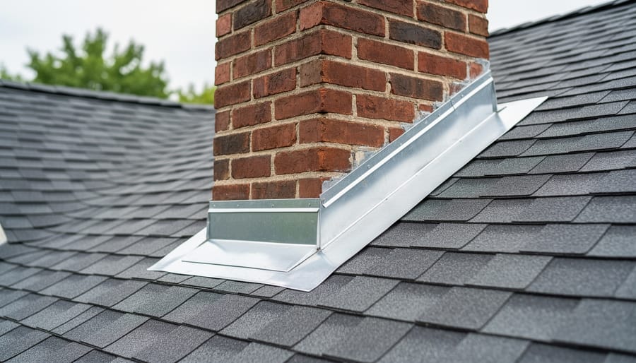 Detailed view of metal chimney flashing installation at brick chimney and roof junction