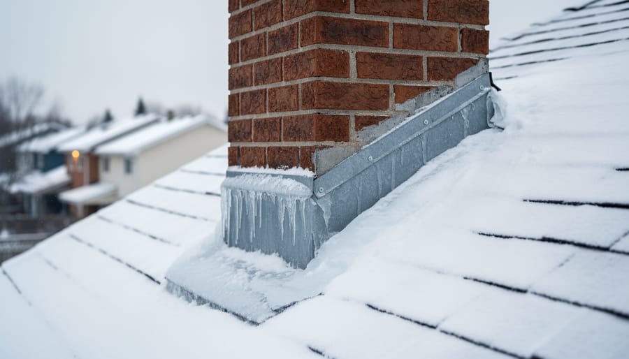 Ice dam and icicle formation on roof near chimney during winter