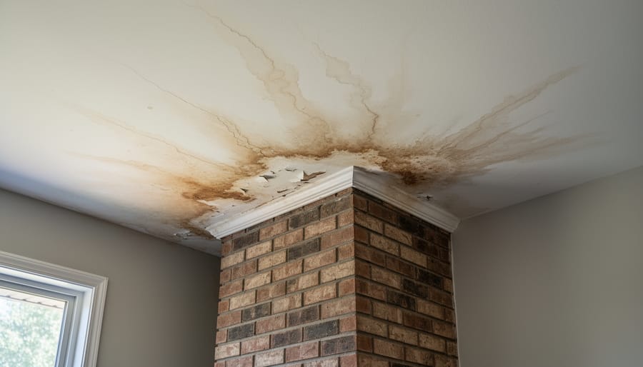 Water damage stains on ceiling near chimney indicating flashing failure
