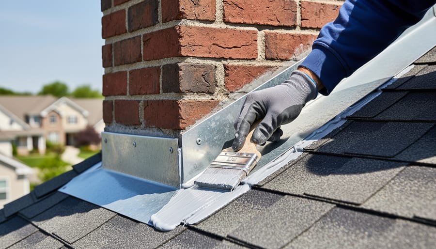 Roofer applying waterproof sealant to chimney flashing during professional repair