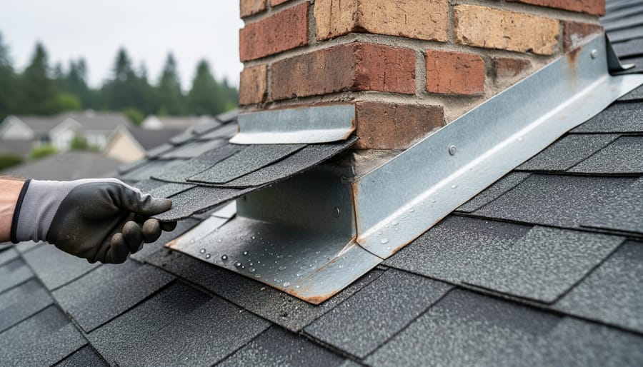 Close-up of a brick chimney on an asphalt shingle roof with a roofer’s gloved hand lifting a shingle to expose rusted metal step and counter flashing with water droplets, under overcast light, with suburban rooftops and trees blurred in the background.