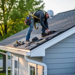 Roofer wearing a safety harness installing dark-gray shingles on a suburban Canadian house, with clean white eavestroughs, downspouts, and light-gray siding visible, photographed from a slightly elevated angle at golden hour.