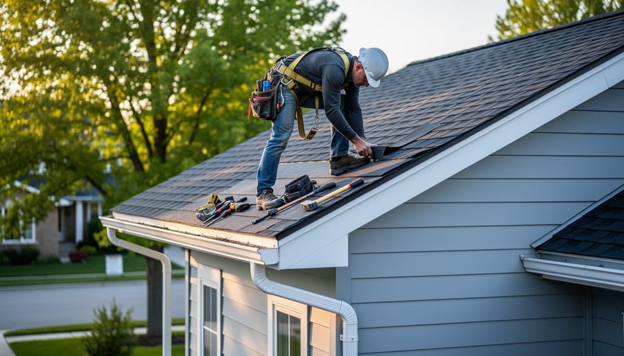 Roofer wearing a safety harness installing dark-gray shingles on a suburban Canadian house, with clean white eavestroughs, downspouts, and light-gray siding visible, photographed from a slightly elevated angle at golden hour.