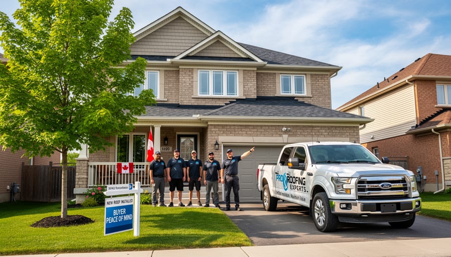 Roofing contractors installing new shingles on residential home