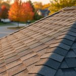 Low-angle close view of a Canadian home’s roof with charcoal gray presidential-style asphalt shingles, warm evening light highlighting the dimensional texture, with a softly blurred suburban street and maple trees in the background.