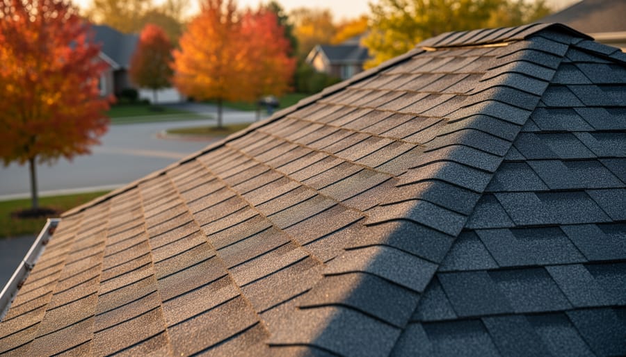 Low-angle close view of a Canadian home’s roof with charcoal gray presidential-style asphalt shingles, warm evening light highlighting the dimensional texture, with a softly blurred suburban street and maple trees in the background.
