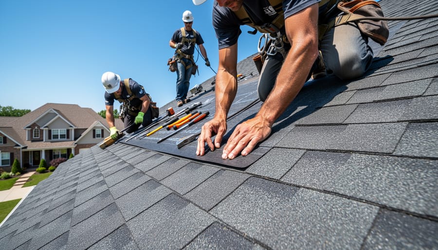 Professional roofer installing presidential shingles on residential roof