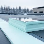 Close-up of modern insulation boards and roofing underlayment on a Canadian rooftop with snowy surroundings in the background.