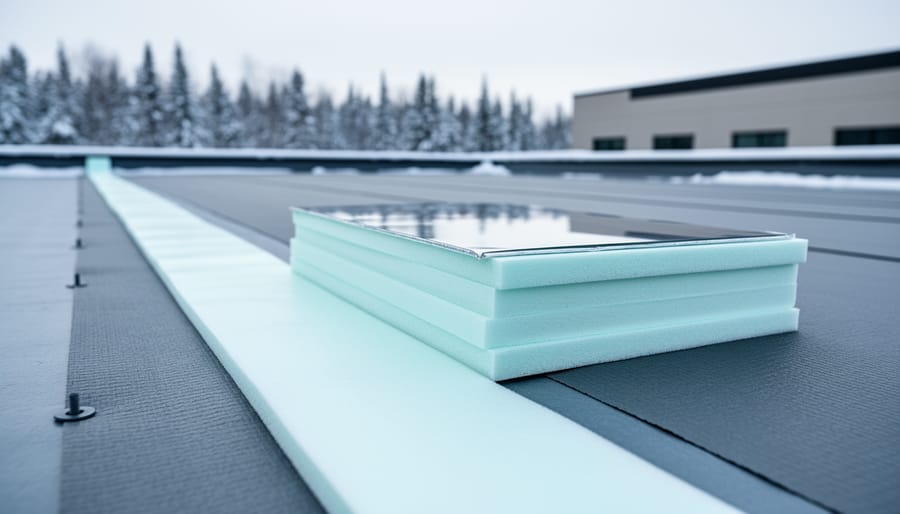 Close-up of modern insulation boards and roofing underlayment on a Canadian rooftop with snowy surroundings in the background.