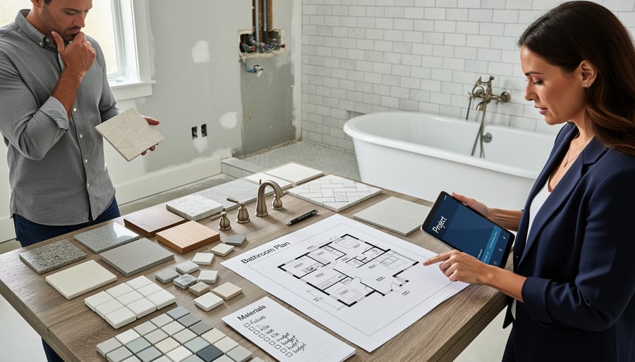 Bathroom design materials including tile samples and fixture catalogs on table during planning phase