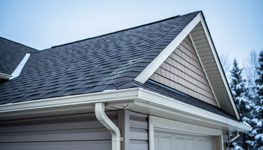 Low-angle view of a Canadian suburban home showing asphalt shingles and roof eaves under soft overcast daylight.