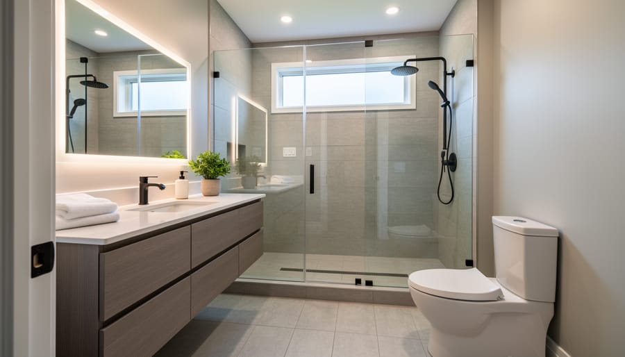 Finished modern bathroom renovation with contemporary fixtures and clean design