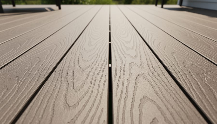 Close-up of composite deck boards showing textured grain and color variation