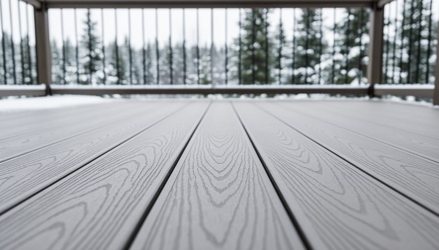 Composite deck boards in a modern Canadian outdoor space, photographed from a low angle with snow-dusted yard and evergreen trees in the background.