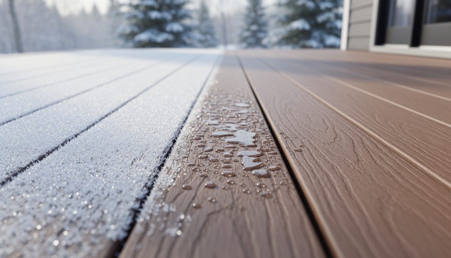 Composite deck surface with frost and melting water in a Canadian winter landscape