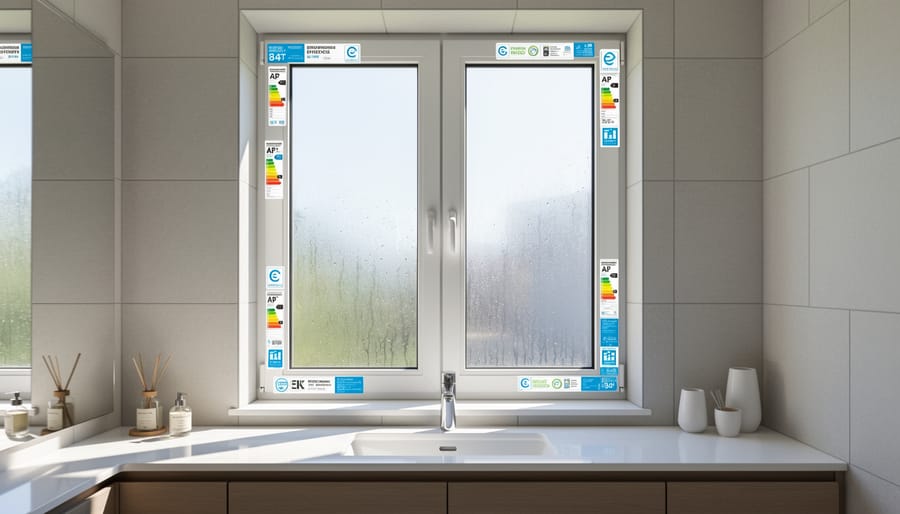 Energy-efficient double-pane bathroom window during winter conditions