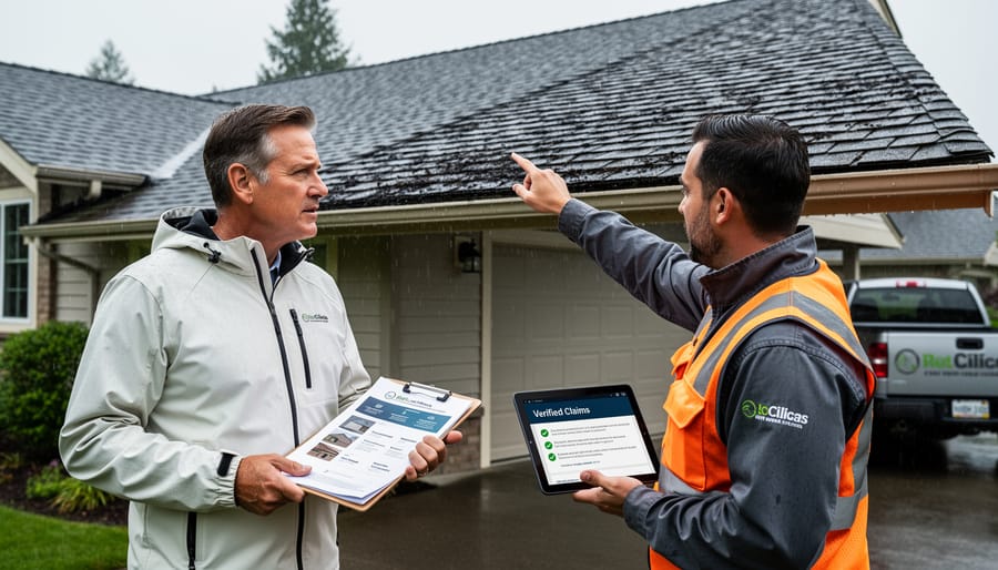 Homeowner reviewing roofing material information with a builder on a Canadian roofing site in overcast weather.