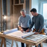 Renovation specialist and homeowner reviewing blueprints and tile samples on a temporary workbench inside a partially gutted bathroom with exposed studs, plumbing, shower niche, and neatly stacked materials, lit by soft window light and a work lamp.