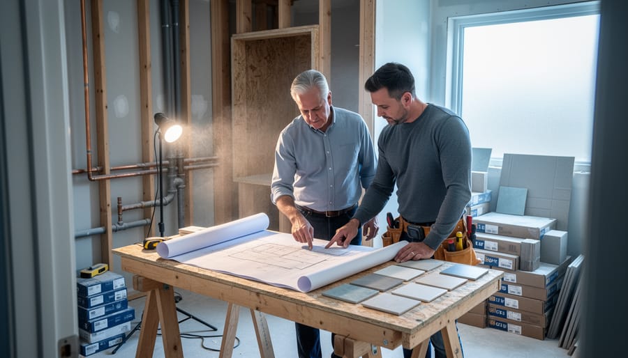 Renovation specialist and homeowner reviewing blueprints and tile samples on a temporary workbench inside a partially gutted bathroom with exposed studs, plumbing, shower niche, and neatly stacked materials, lit by soft window light and a work lamp.