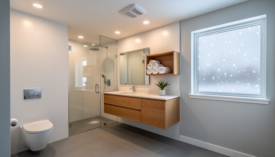 Modern bathroom with dual-flush toilet, low-flow rain showerhead, recessed LED lights, and ceiling exhaust fan, viewed from a corner at eye level; frosted window with light snowfall, clean tile, and warm wood vanity emphasize a modern, efficient design.