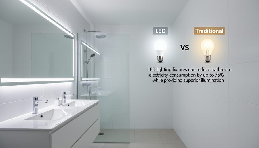 Energy-efficient LED lighting in contemporary bathroom with mirror and recessed fixtures