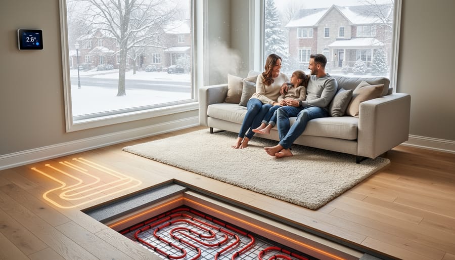 Radiant floor heating pipes installation in modern bathroom