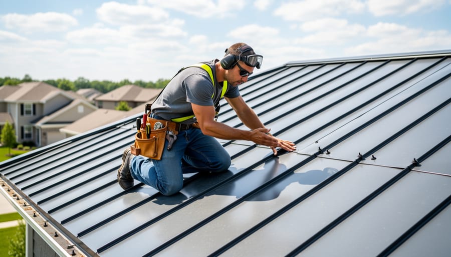 Roofer inspecting standing-seam metal roof panels on a residential home