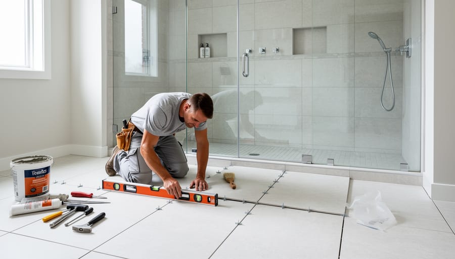 Skilled installer placing subway tiles on bathroom wall with precision tools