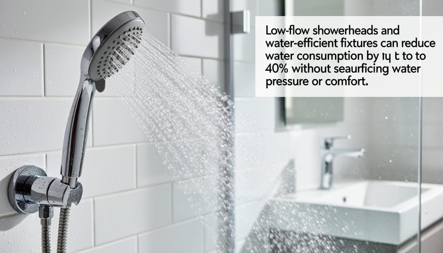 Modern low-flow showerhead with water running in contemporary bathroom