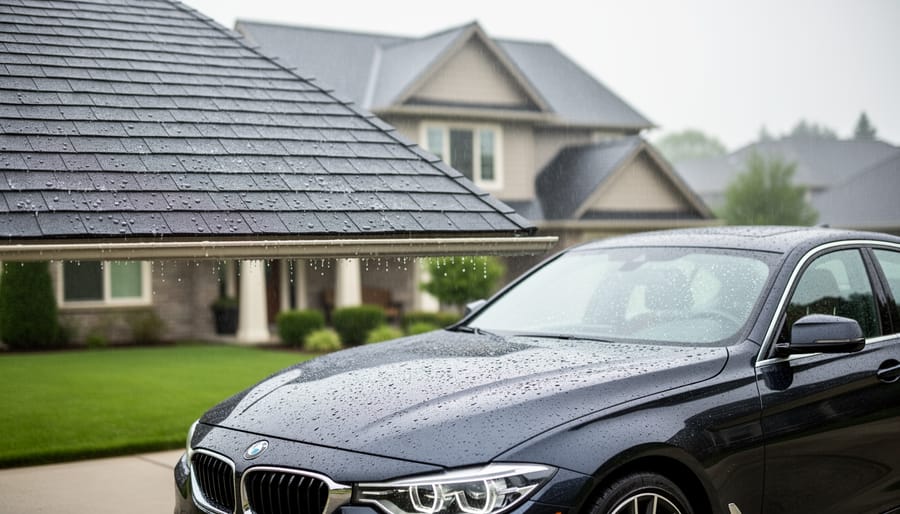 Car parked in a driveway with a nearby house roofline in the background, representing roof coatings and paint protection film.