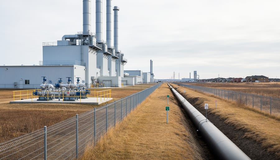 Wide view of a modern carbon capture and storage facility and fenced pipeline right-of-way in a Canadian landscape under an overcast sky.