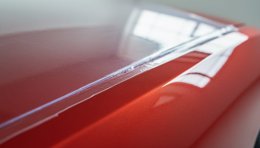 Close-up of clear paint protection film adhered to a vehicle body panel with glossy reflections.