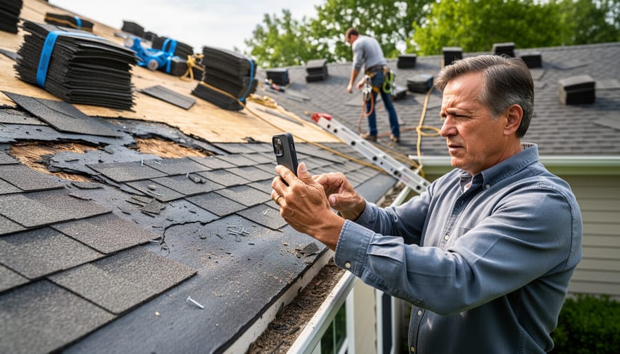 Close-up view of a smartphone documenting wind-damaged shingles on a new construction roof