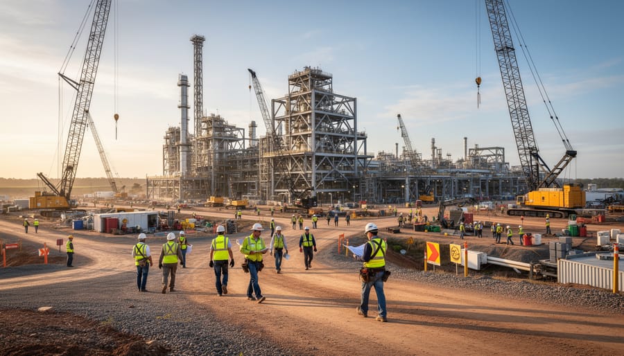 Cranes and workers at a large industrial CCS construction site lifting and inspecting steel equipment