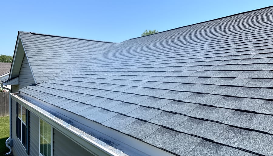 Gloved technician applying a roller to a residential roof with a uniform protective coating surface visible.