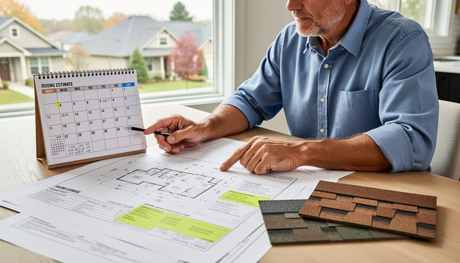 Homeowner on a residential roof reviewing roofing plans under soft daylight