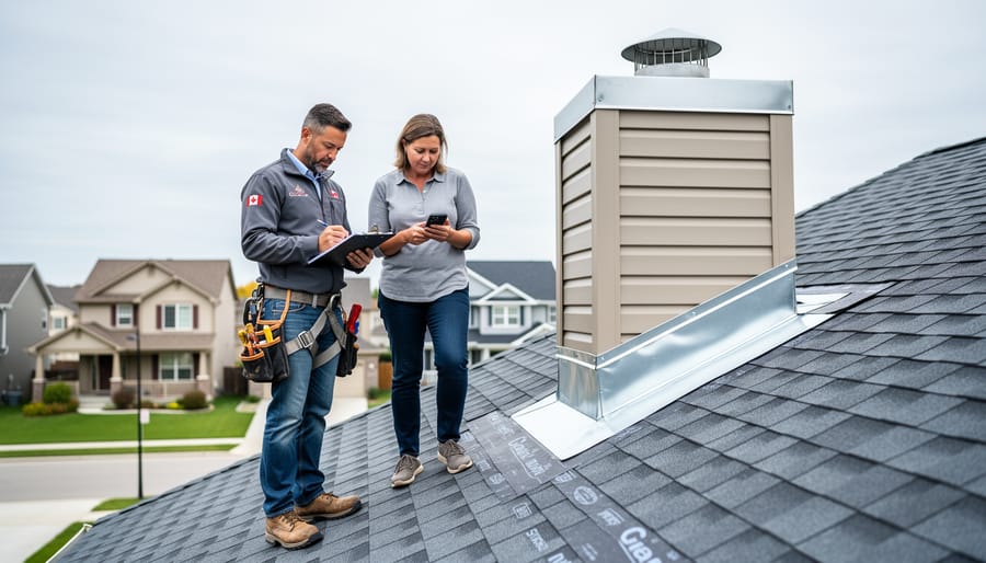 A homeowner and roofer inspecting a newly installed shingle roof near chimney flashing while documenting details with a clipboard on a Canadian residential property.