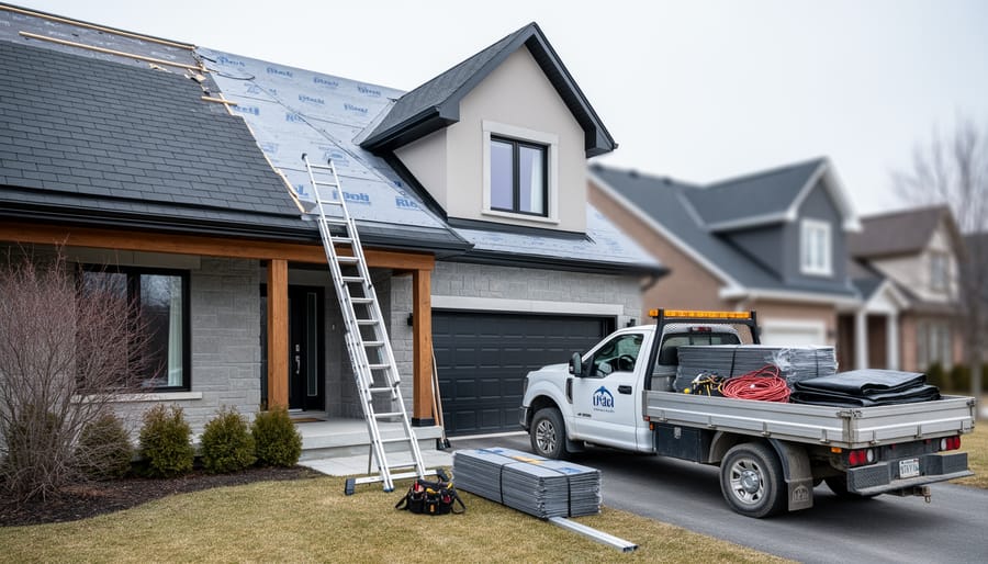 Roofing renovation on a Quebec home with a contractor ladder, new shingles, and a work truck in the background under overcast daylight.